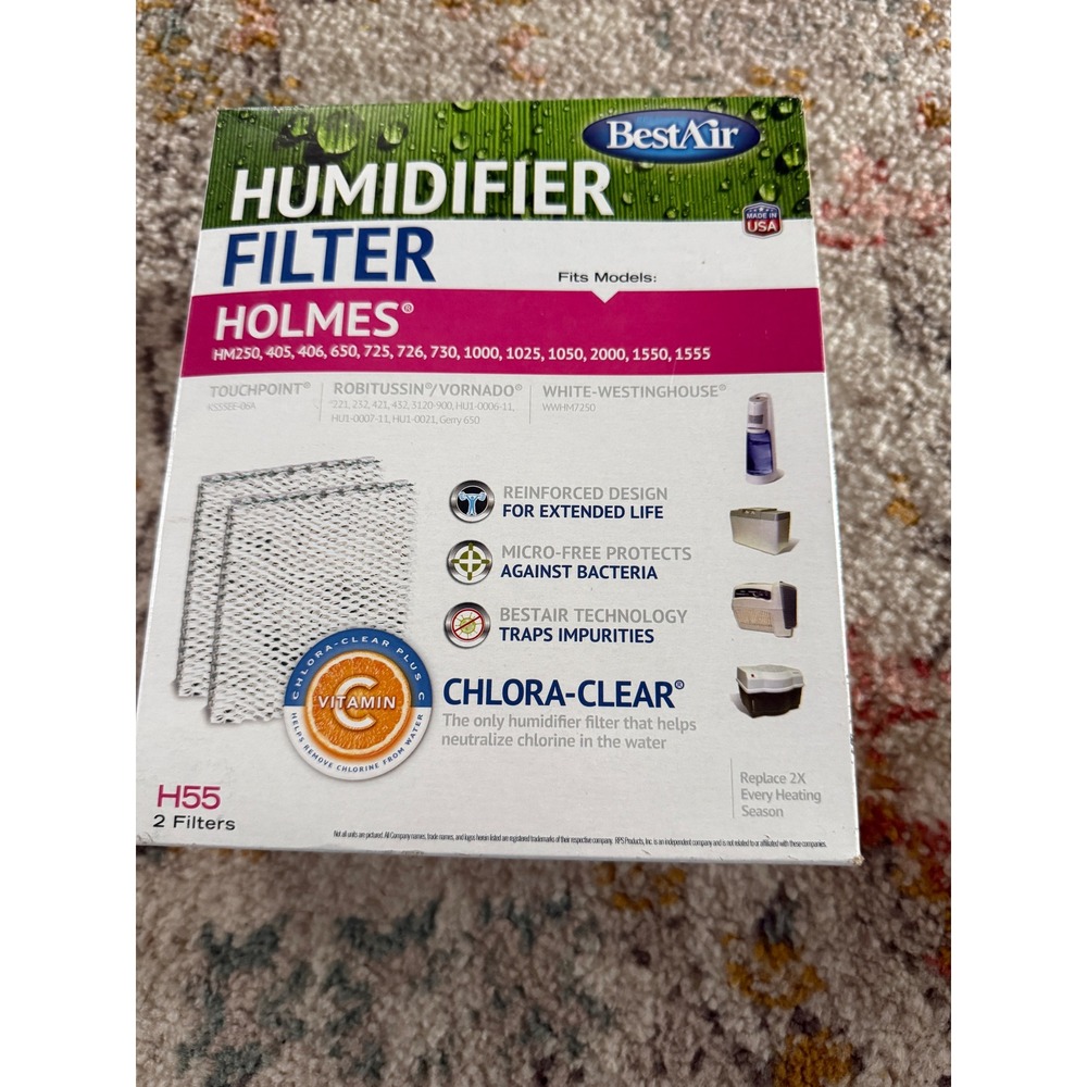 BestAir H55 Humidifier Filter 2pk for Holmes HM250 HM725 HM1000 Chlora-Clear C